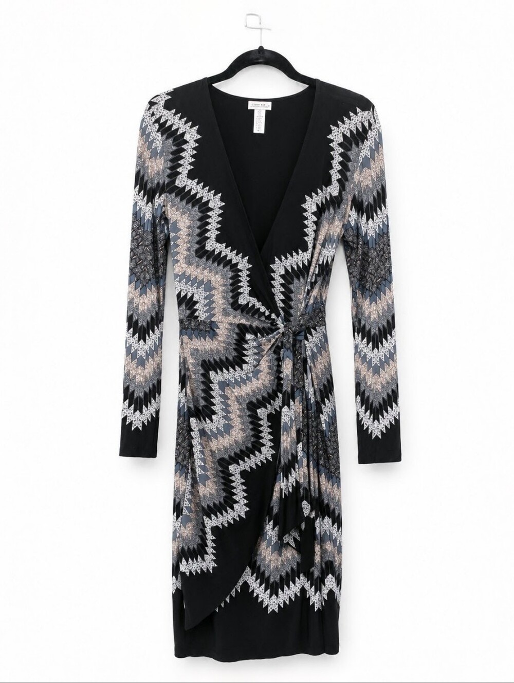 Cache Black and White Faux Wrap Dress, V-Neck, Long Sleeves